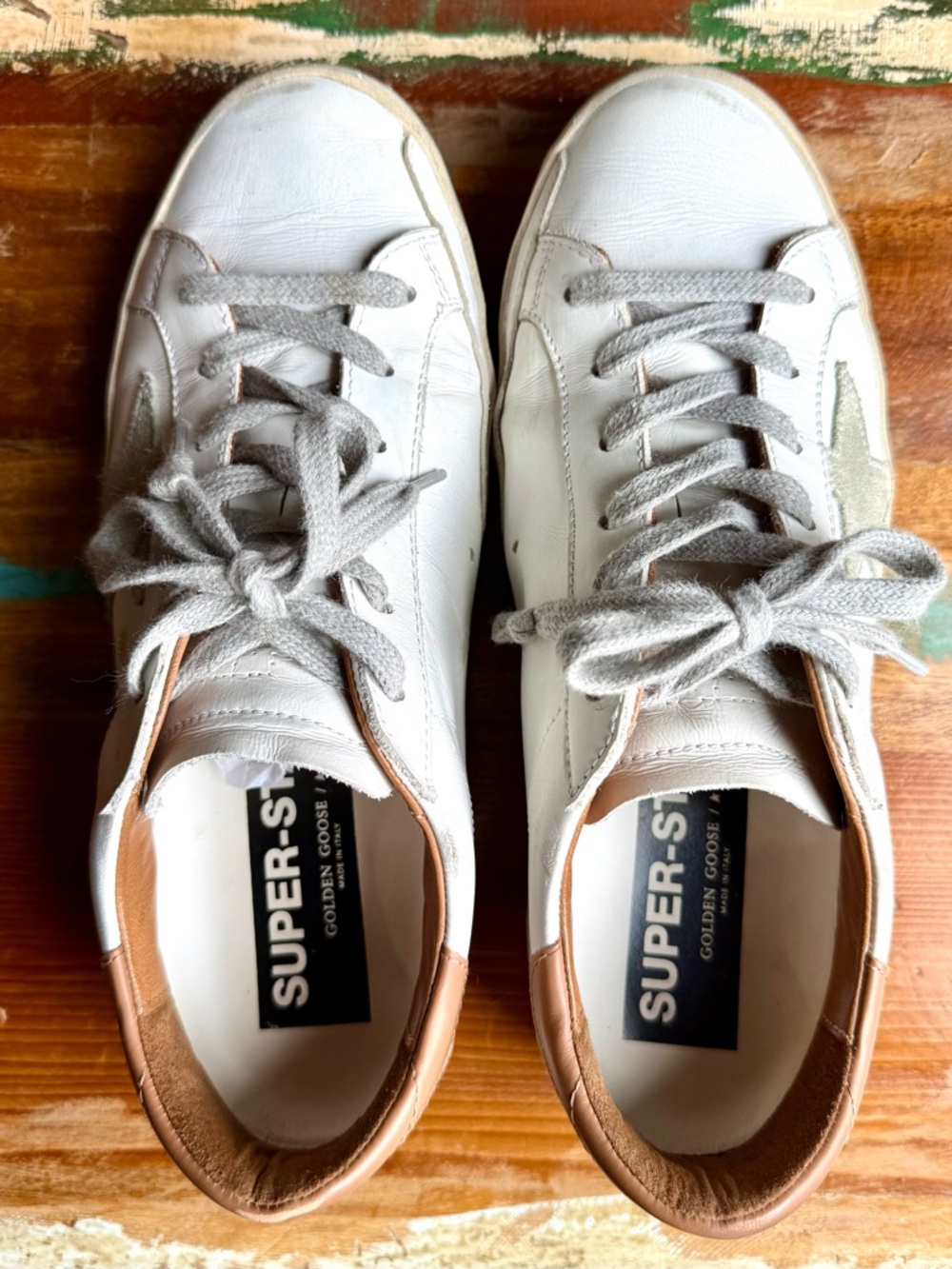 Golden Goose White Leather Low-Top Sneakers with Beige Star and Tan Heel - Picture 4 of 13